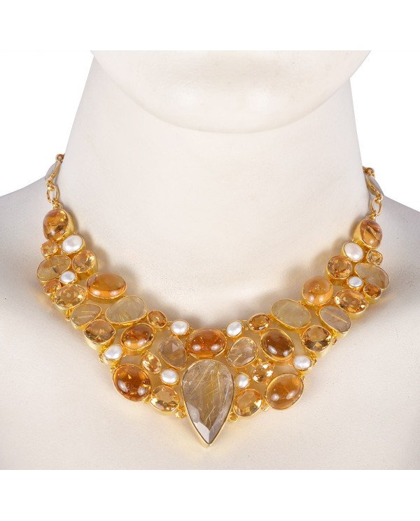 Rutilated Quartz Rutile Citrine and Pearl Gold Plated Silver Yellow Necklace