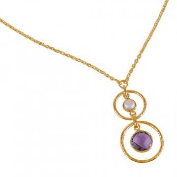Gold Plated South Sea Pearl Amethyst and Sterling Silver Dangle Necklace