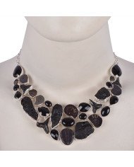 Tektite Trilobite Shark Tooth Hematite and Onyx Silver Black Stone Necklace