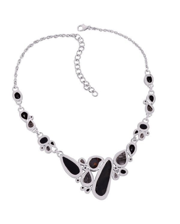 Tektite Rutilated, Quartz Rutile, Ammonite Silver Black Stone Necklace