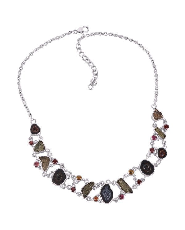 Tobasco Geode Garnet Tourmaline and Moldavite 925 Silver Chocker Necklace