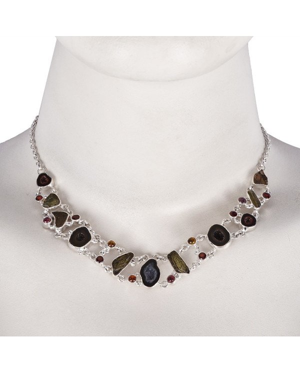 Tobasco Geode Garnet Tourmaline and Moldavite 925 Silver Chocker Necklace
