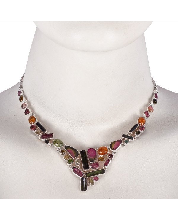 Mix Multi Color Tourmaline Gemstone Drop Necklace Sterling Silver Necklace