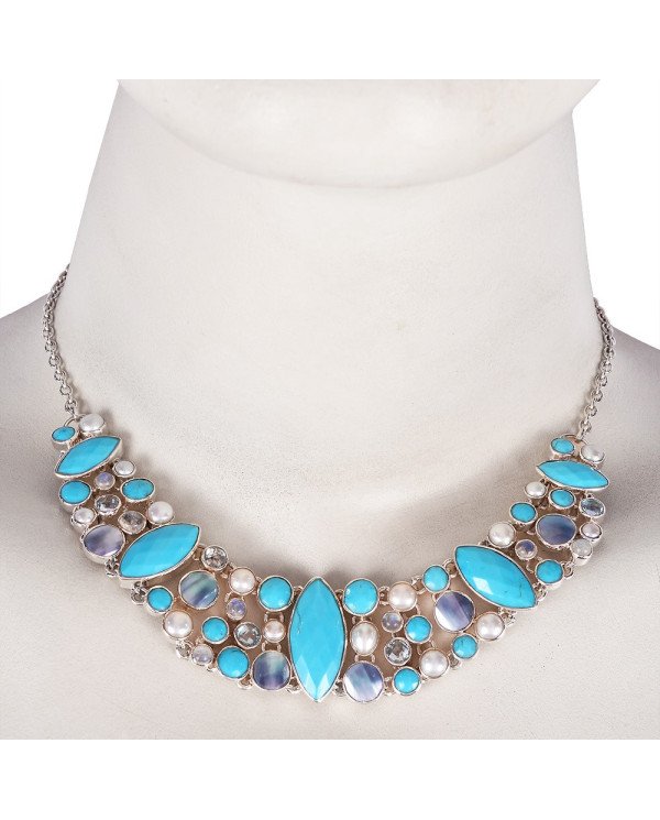 Arizona Turquoise Rainbow Moonstone mabe Pearl BT Multi Stone Silver Choker Necklace