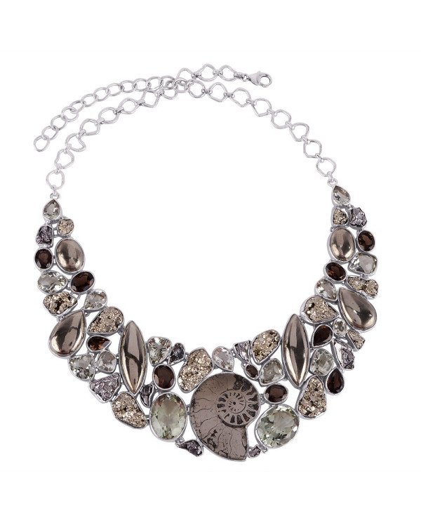 Russian Ammonite Pyritesun Meteorite Green Amethyst and Smoky Quartz Silver Necklace