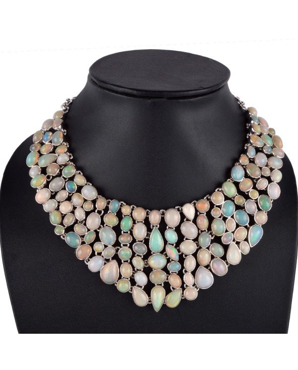 Rare Ethiopian Opal Fire Gemstone and Sterling Silver Necklace for Women