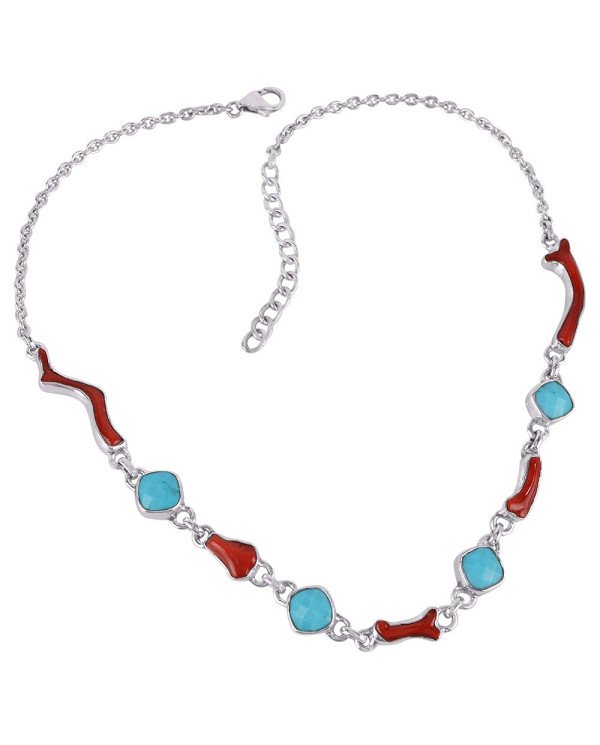 Natural Gemstone Arizona Turquoise and Red Coral Stick Gorgeous Sterling Silver Necklace