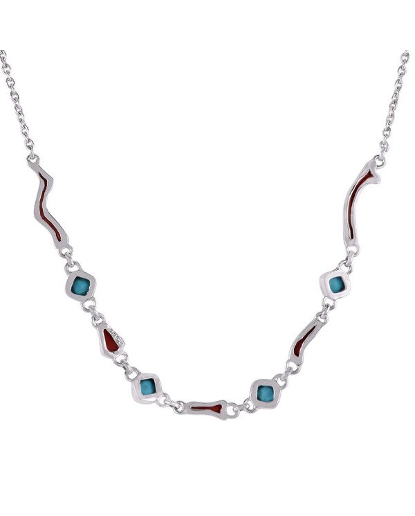 Natural Gemstone Arizona Turquoise and Red Coral Stick Gorgeous Sterling Silver Necklace
