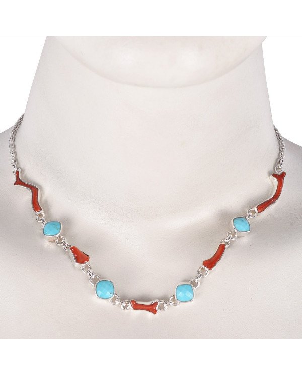 Natural Gemstone Arizona Turquoise and Red Coral Stick Gorgeous Sterling Silver Necklace
