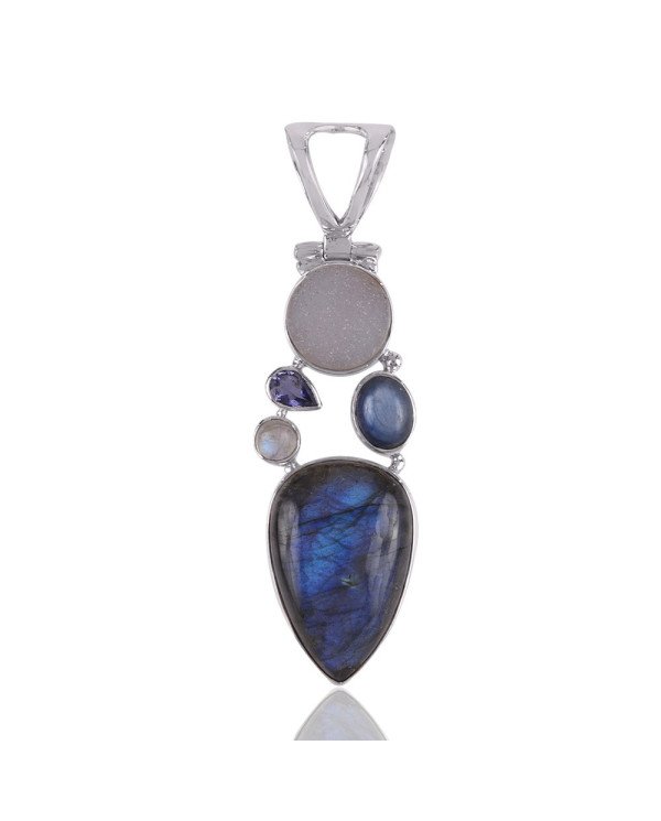 Sterling Silver Multi Gemstone Flashy Labradorite Handmade Druze Pendant