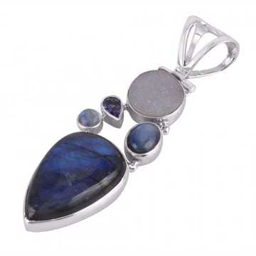 Sterling Silver Multi Gemstone Flashy Labradorite Handmade Druze Pendant