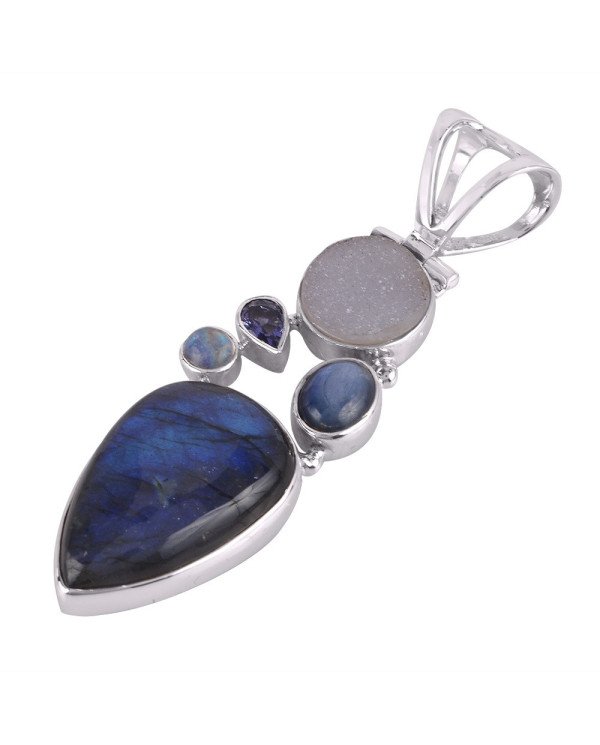 Sterling Silver Multi Gemstone Flashy Labradorite Handmade Druze Pendant