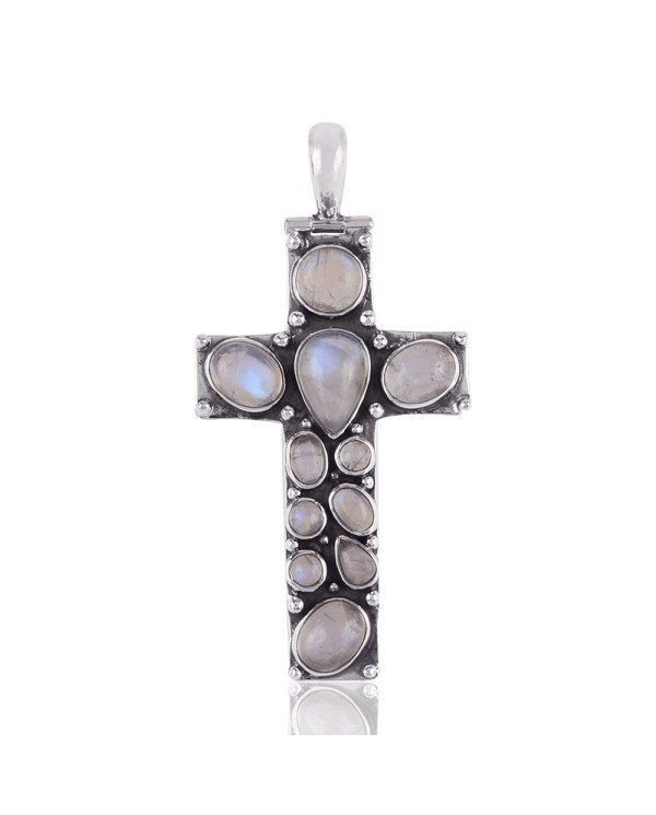 Rainbow Moonstone Gemstone and Sterling Silver Handmade Cross Pendant