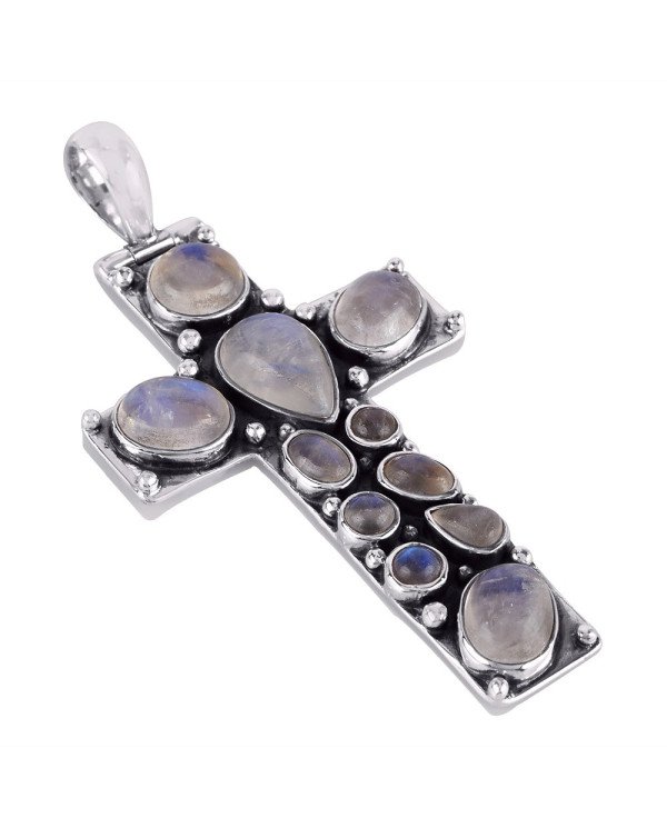 Rainbow Moonstone Gemstone and Sterling Silver Handmade Cross Pendant