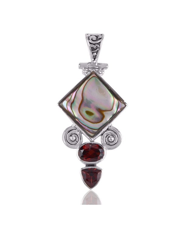Mother of Pearl with Exotic Combination of Garnet Gemstone and Sterling Silver Pendant