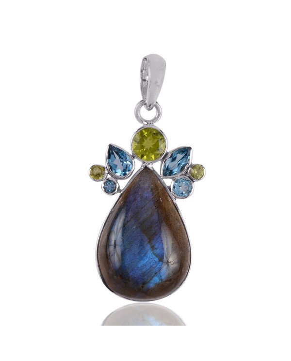 Multi Gemstone Pendant With Labradorite, Peridot and Blue Topaz Sterling Silver Pendant