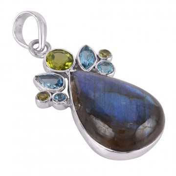 Multi Gemstone Pendant With Labradorite, Peridot and Blue Topaz Sterling Silver Pendant