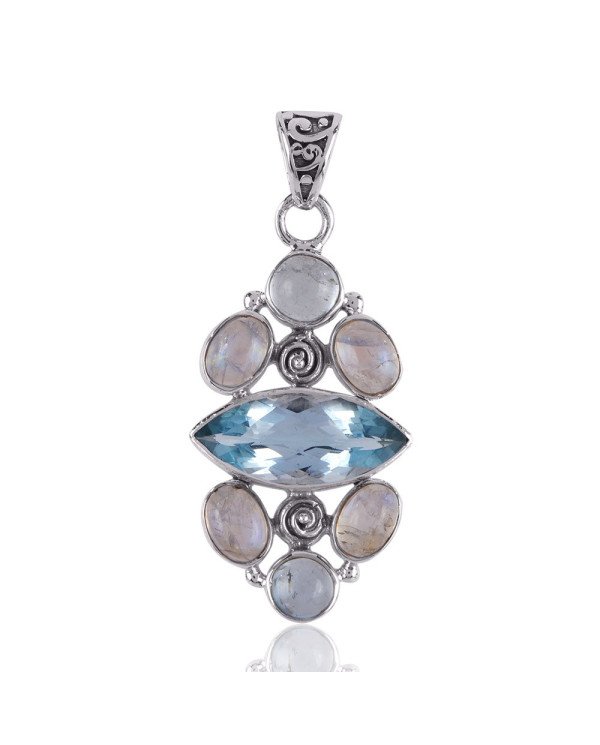 Rainbow Moonstone and Blue Topaz BT 925 Silver Pendant Necklace