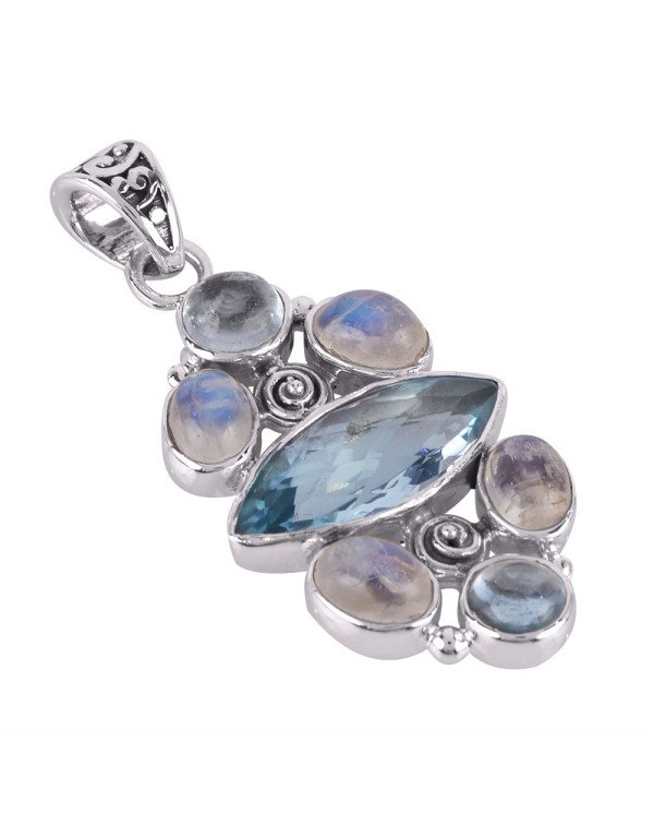 Rainbow Moonstone and Blue Topaz BT 925 Silver Pendant Necklace