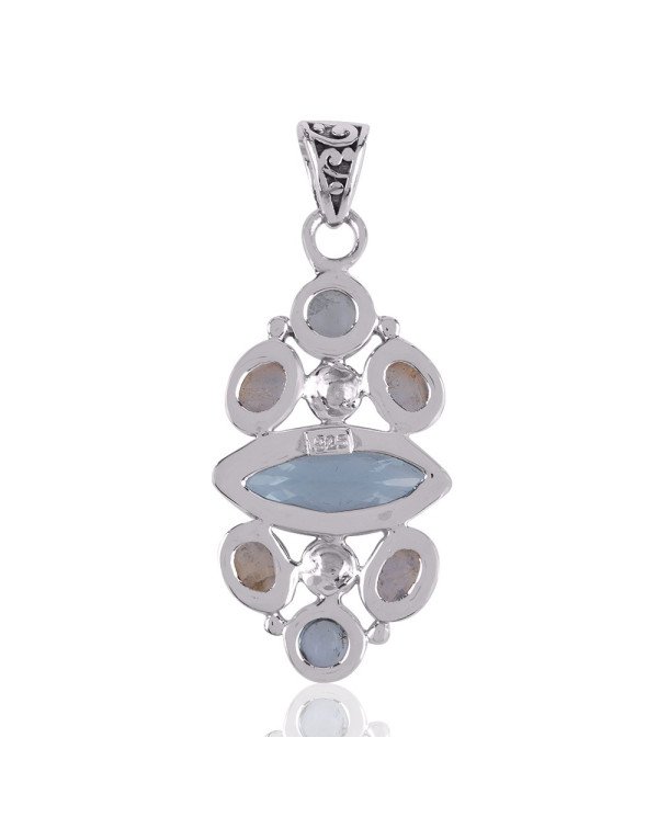 Rainbow Moonstone and Blue Topaz BT 925 Silver Pendant Necklace