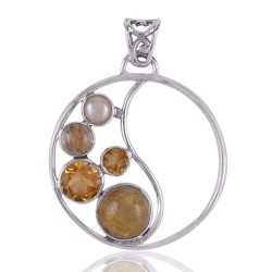 Rutilated Quartz Rutile Pearl and Citrine Gemstone Round Silver Pendant Necklace Locket