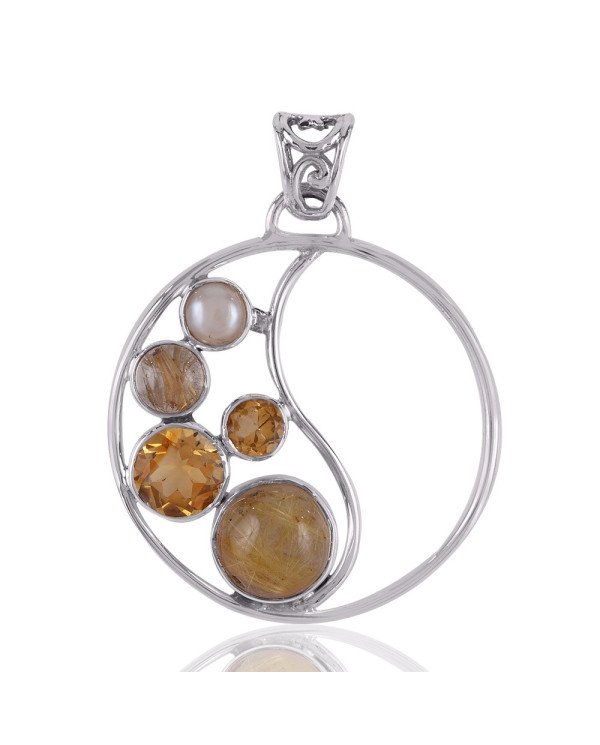 Rutilated Quartz Rutile Pearl and Citrine Gemstone Round Silver Pendant Necklace Locket