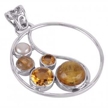 Rutilated Quartz Rutile Pearl and Citrine Gemstone Round Silver Pendant Necklace Locket