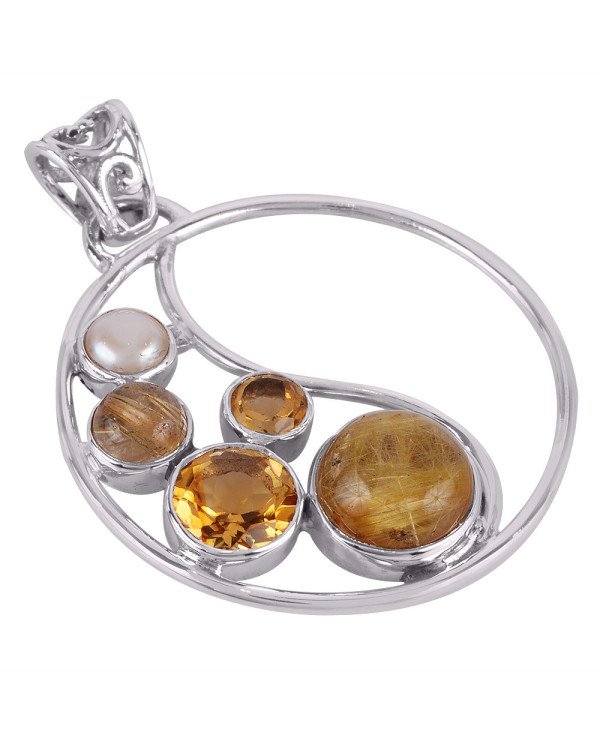 Rutilated Quartz Rutile Pearl and Citrine Gemstone Round Silver Pendant Necklace Locket
