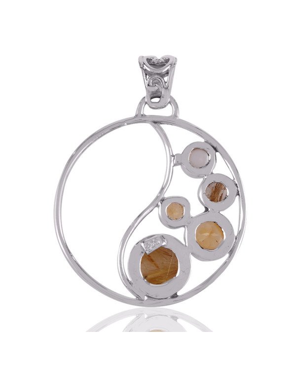 Rutilated Quartz Rutile Pearl and Citrine Gemstone Round Silver Pendant Necklace Locket