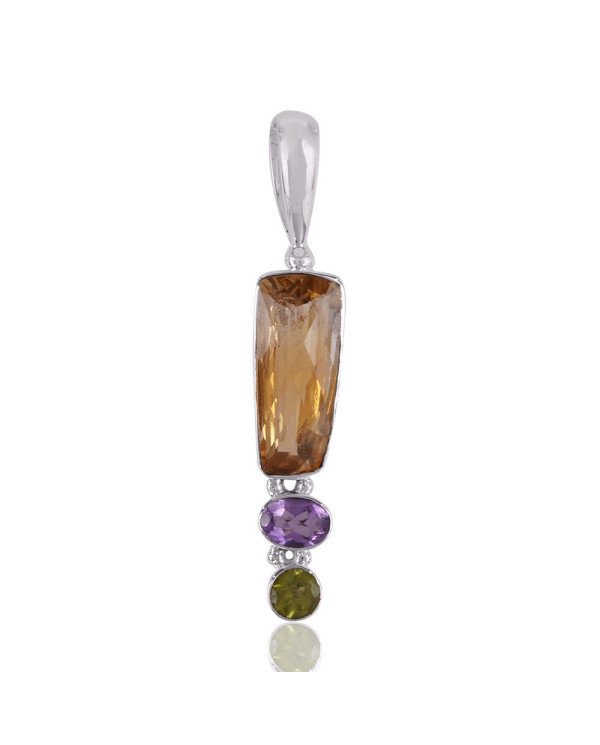 Citine Amethyst and Peridot Silver Gemstone Pendant Necklace