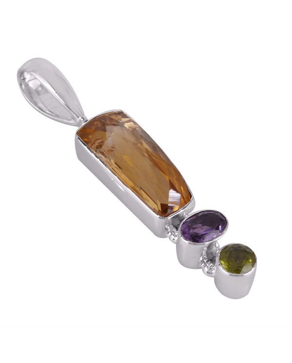 Citine Amethyst and Peridot Silver Gemstone Pendant Necklace