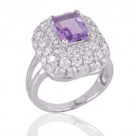 Amethyst and Cubic Zircon 925 Solid Sterling Silver Designer Ring