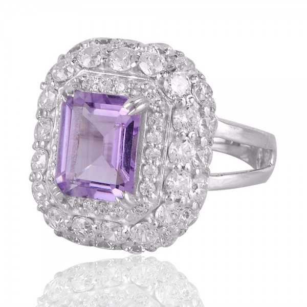 Amethyst and Cubic Zircon 925 Solid Sterling Silver Designer Ring