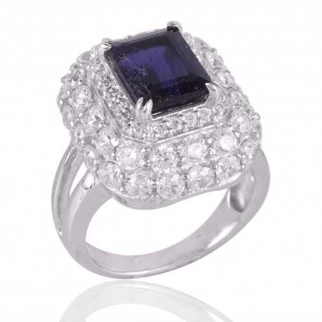 Iolite and Cubic Zirconia Sterling Silver Engagement Ring