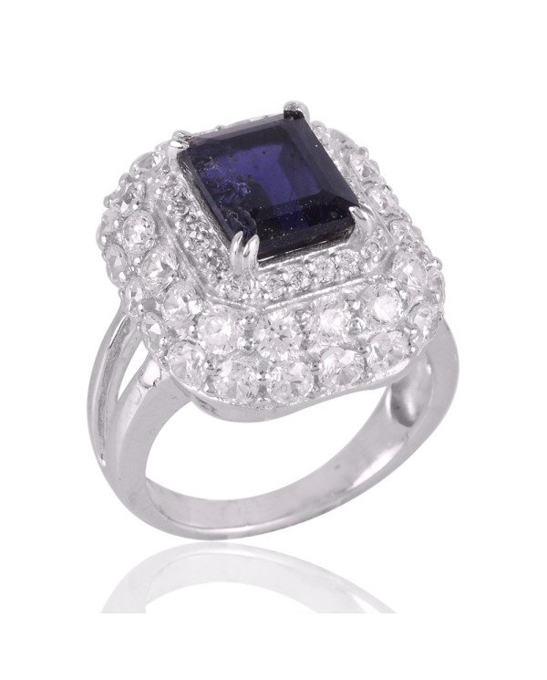 Iolite and Cubic Zirconia Sterling Silver Engagement Ring