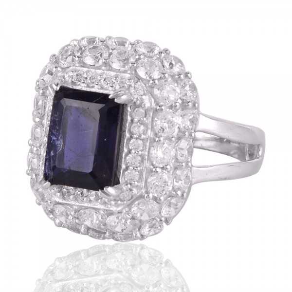 Iolite and Cubic Zirconia Sterling Silver Engagement Ring
