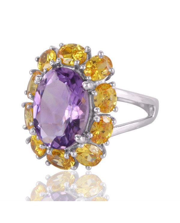 Amethyst and Yellow Cubic Zirconia Designer Sterling Silver Ring