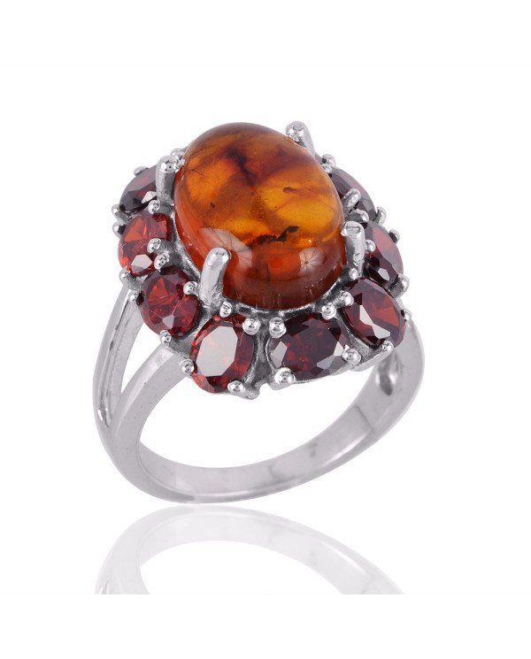 Amber and Garnet Gemstone 925 Solid Sterling Silver Designer Ring