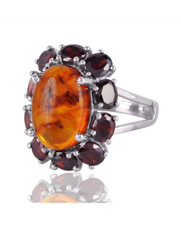 Amber and Garnet Gemstone 925 Solid Sterling Silver Designer Ring