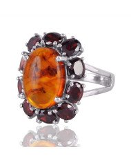Amber and Garnet Gemstone 925 Solid Sterling Silver Designer Ring