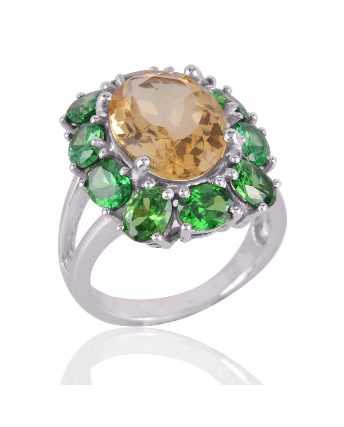 Citrine and Green Cubic Zirconia Designer Sterling Silver Ring