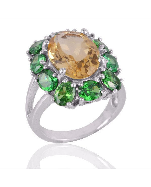 Citrine and Green Cubic Zirconia Designer Sterling Silver Ring