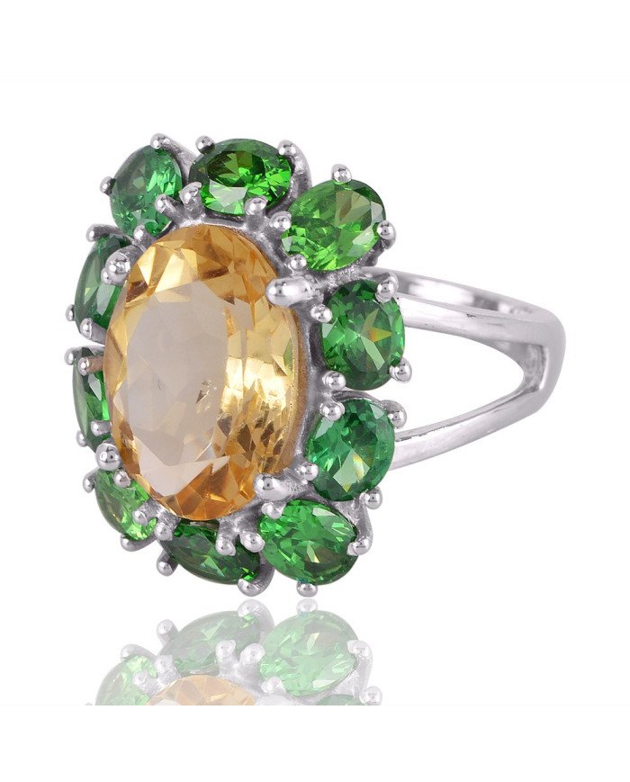 Citrine and Green Cubic Zirconia Designer Sterling Silver Ring