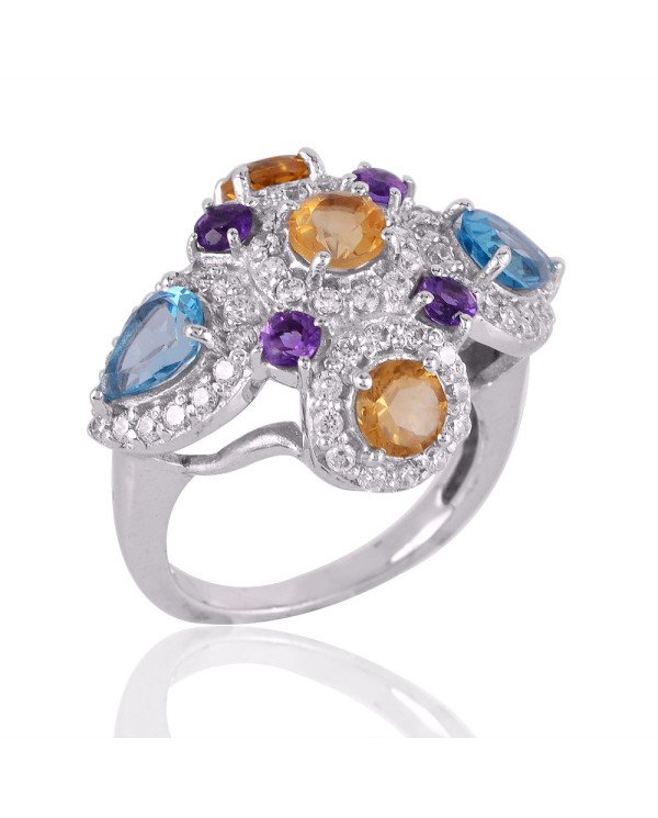 Blue Topaz and Citrine Amethyst Cubic Zirconia Sterling Silver Ring