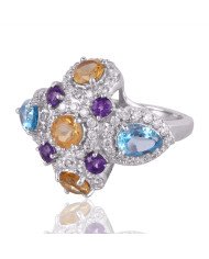 Blue Topaz and Citrine Amethyst Cubic Zirconia Sterling Silver Ring