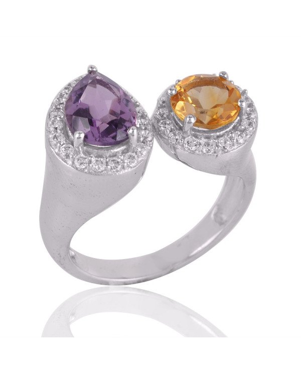 Amethyst and Citrine Gemstone Cubic Zirconia Sterling Silver Ring
