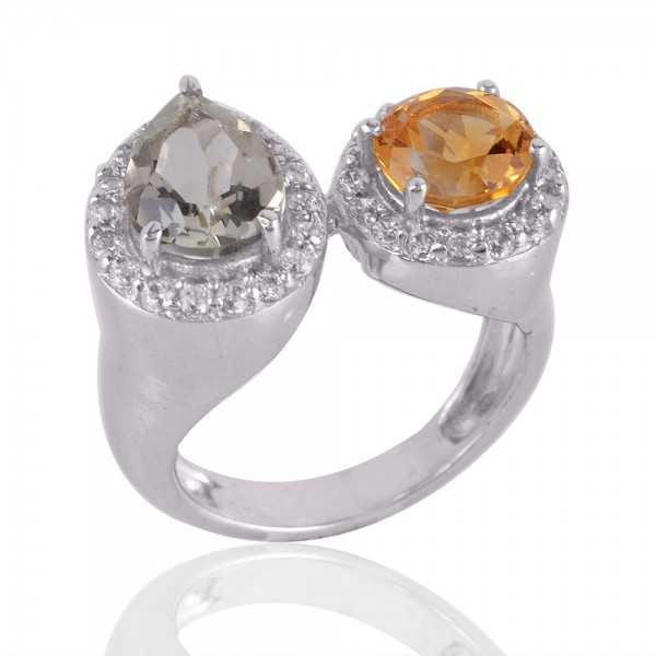 Citrine and Green Amethyst Cubic Zirconia Sterling Silver Ring
