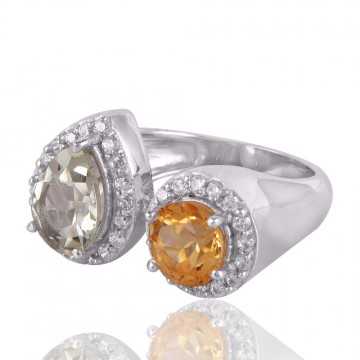 Citrine and Green Amethyst Cubic Zirconia Sterling Silver Ring
