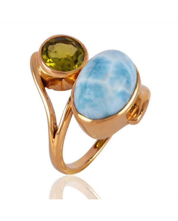 Larimar and Peridot Gemstone Handmade Statement 18 K Gold Vermeil Ring