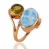 Larimar and Peridot Gemstone Handmade Statement 18 K Gold Vermeil Ring